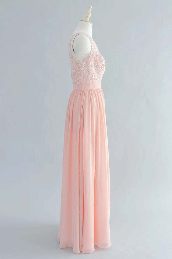 One Shoulder Floor-Length Blush Lace Chiffon Bridemaid Dress