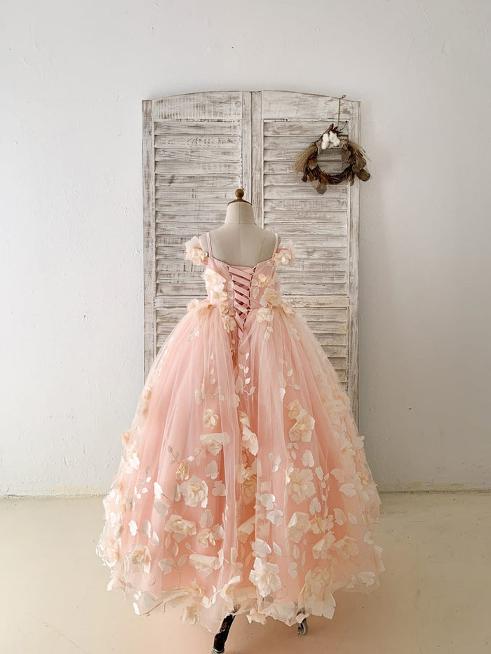 Blush Pink 3D Lace Flower Tulle Off Shoulder Wedding Flower