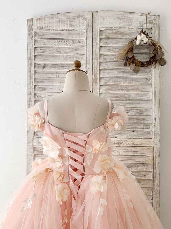Blush Pink 3D Lace Flower Tulle Off Shoulder Wedding Flower