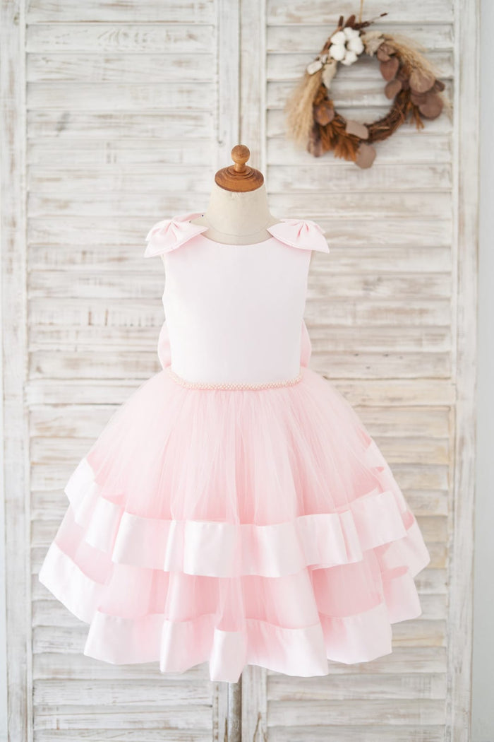 Pink Satin Tulle Cupcake Wedding Flower Girl Dress with Bow