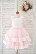 Pink Satin Tulle Cupcake Wedding Flower Girl Dress with Bow