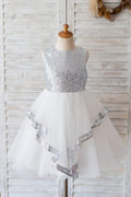 Backless Silver Sequin Tulle Wedding Flower Girl Dress Kids