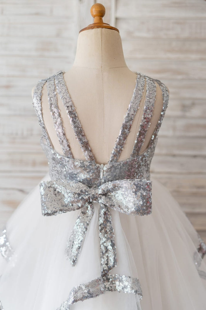 Backless Silver Sequin Tulle Wedding Flower Girl Dress Kids
