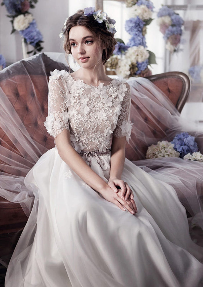 Princess Bateau Lace Chiffon 3D Flowers Bridal Gown Wedding