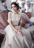 Princess Bateau Lace Chiffon 3D Flowers Bridal Gown Wedding