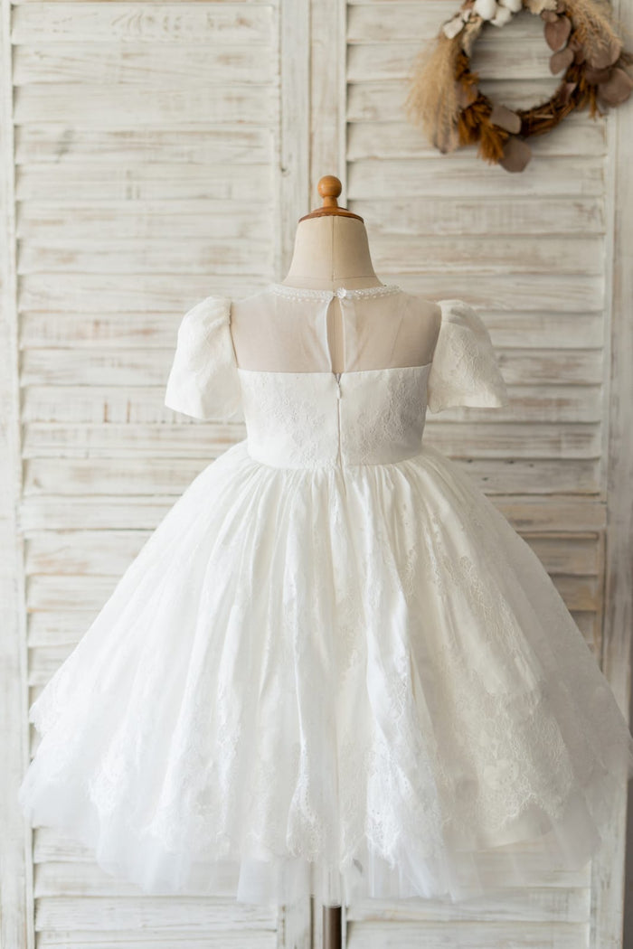 Ivory Lace Short Sleeves Wedding Flower Girl Dress