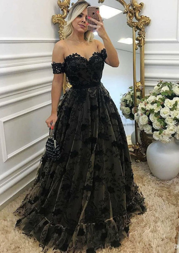 Princess Sweetheart Off Shoulder Sleeveless Long Black Lace