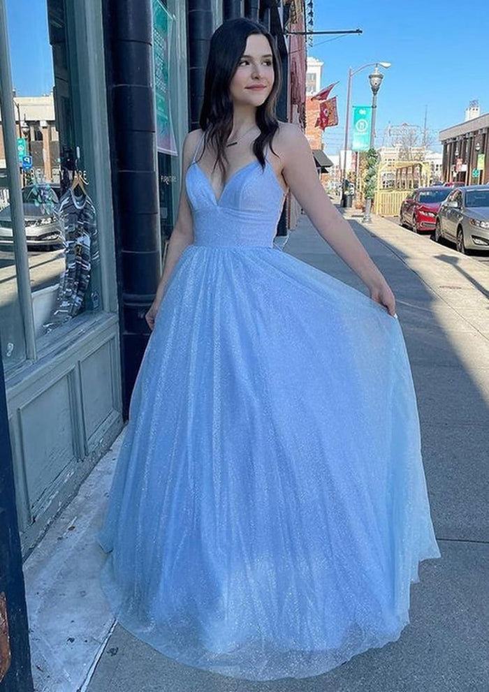 Princess V Neck Straps Sky Blue Tulle Glitter Prom Dress