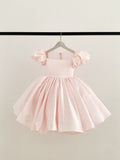 Puff Sleeves Pink Satin Glittering Tulle Neck Wedding Flower
