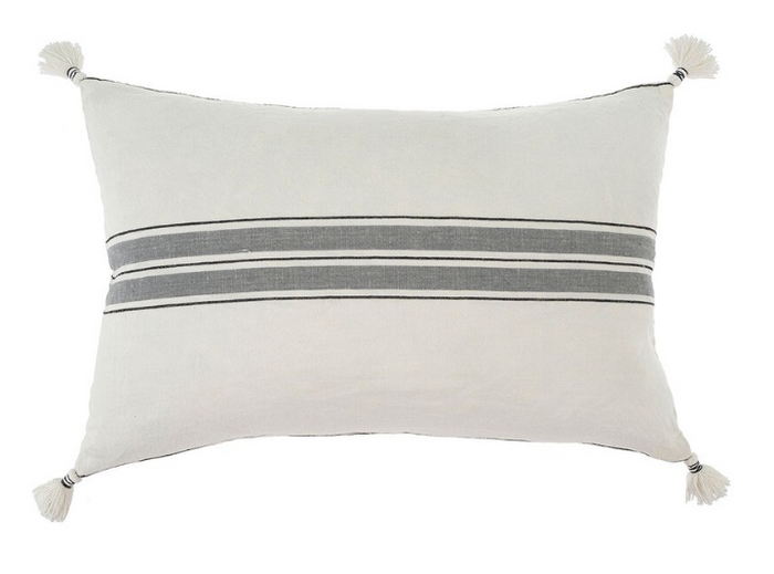 A rectangular-shaped cushion with a striped pattern, featuring a central grey stripe with white on each side and a decorative fringe at the corners.