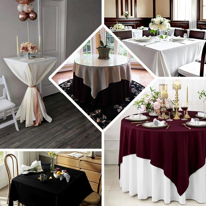 Various tablecloths in elegant settings, showcasing different styles and colors.