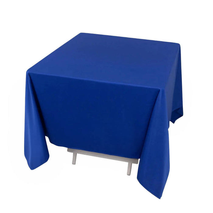 Blue tablecloth on a square table, perfect for events and gatherings.
