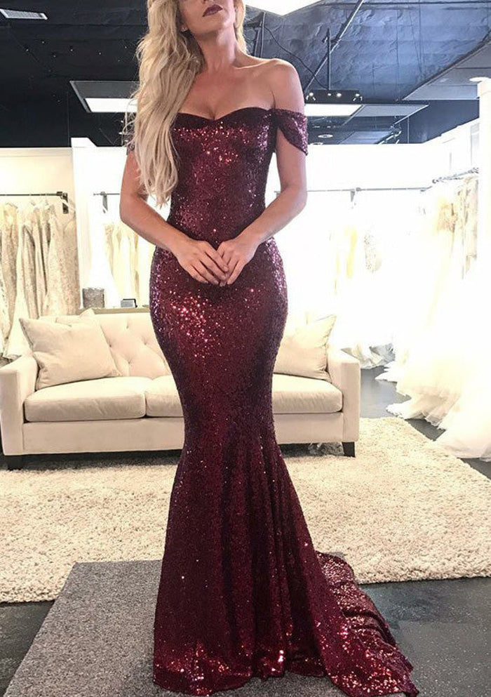 Sexy Off Shoulder Floor Length Sweep Train Burgundy Sequin