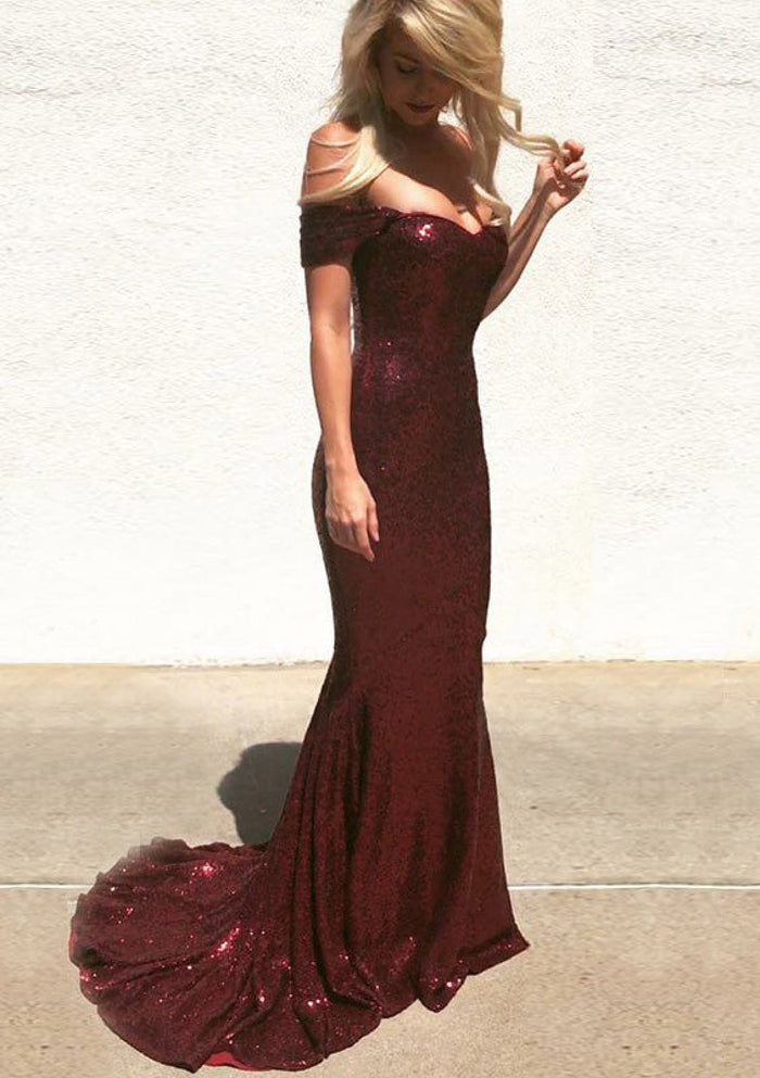 Sexy Off Shoulder Floor Length Sweep Train Burgundy Sequin