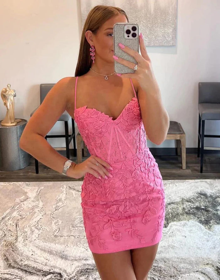 Sexy Spaghetti Straps Sweetheart Neck Lace Mini Homecoming
