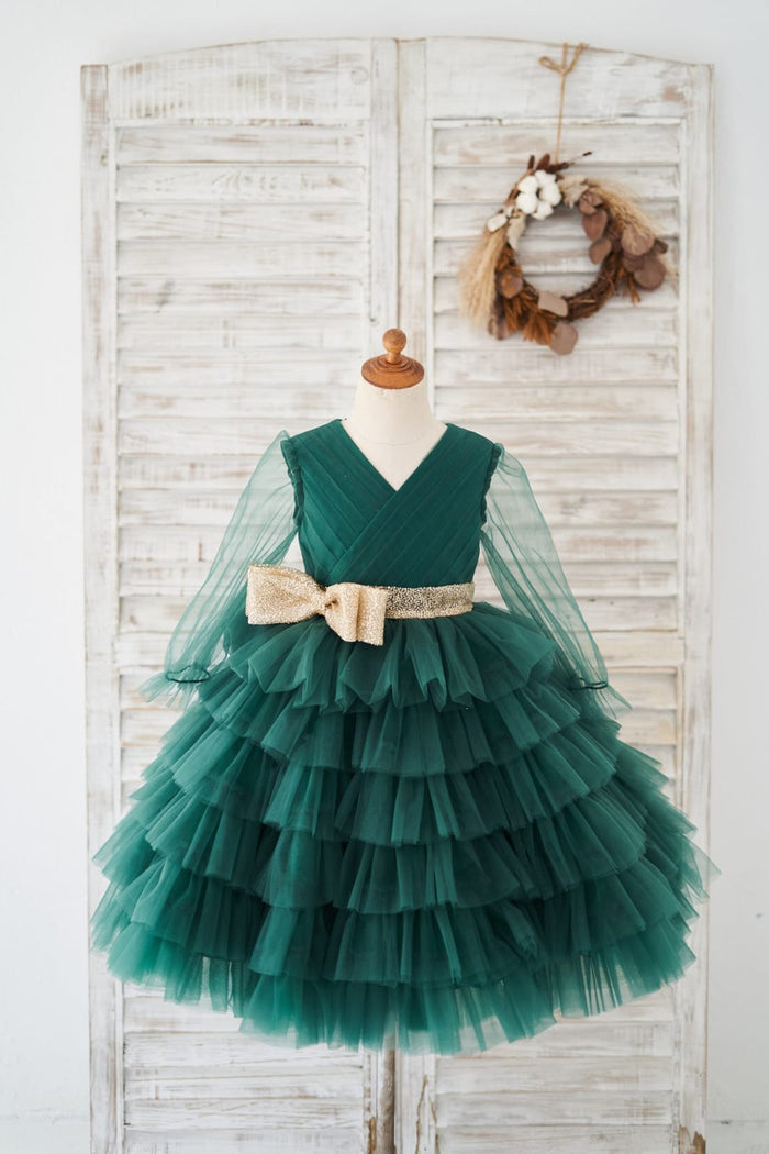 Long Sleeves Green Tulle Cupcake Wedding Flower Girl Dress