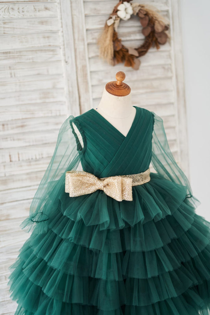 Long Sleeves Green Tulle Cupcake Wedding Flower Girl Dress