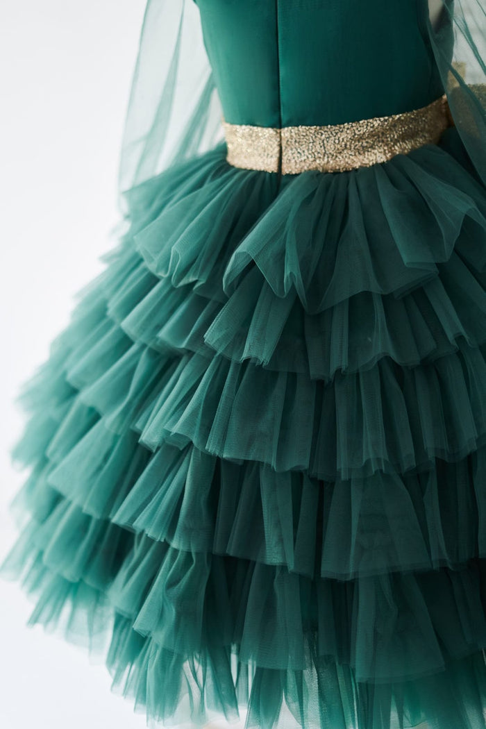 Long Sleeves Green Tulle Cupcake Wedding Flower Girl Dress