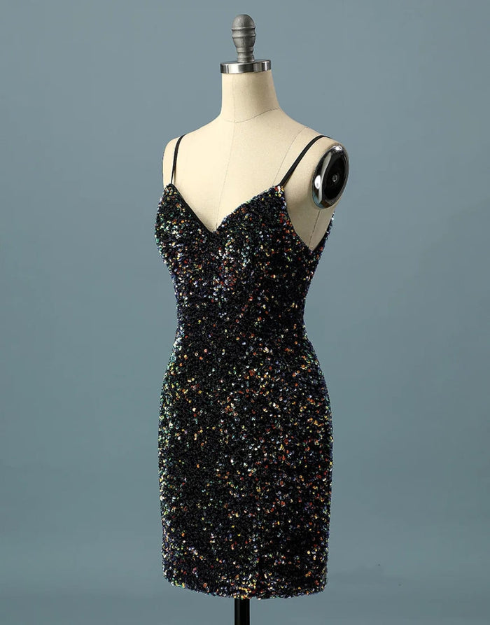 Simple Black Sequin Spaghetti Straps V Back Short Homecoming