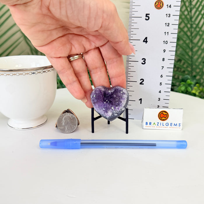 Small Amethyst Geode Heart, Metal Stand, 0.1 lbs & 2.2” Tall #5463-0441