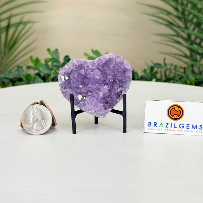 Small Amethyst Geode Heart, Metal Stand, 0.2 lbs & 2.5” Tall #5463-0447