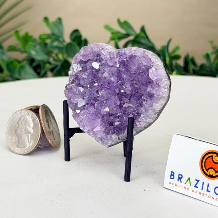 Small Amethyst Geode Heart, Metal Stand, 0.2 lbs & 2.5” Tall #5463-0447