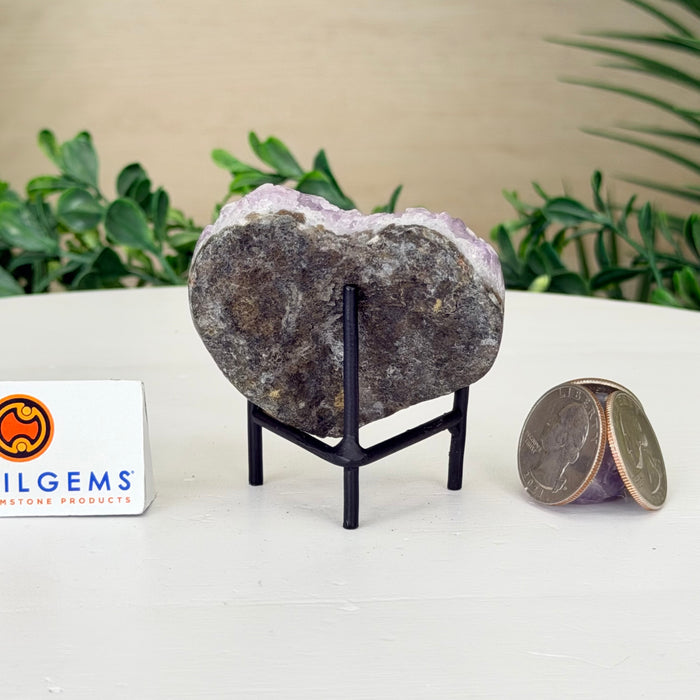Small Amethyst Geode Heart, Metal Stand, 0.2 lbs & 2.5” Tall #5463-0447