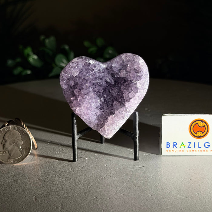 Small Amethyst Geode Heart, Metal Stand, 0.2 lbs & 2.7” Tall #5463-0445