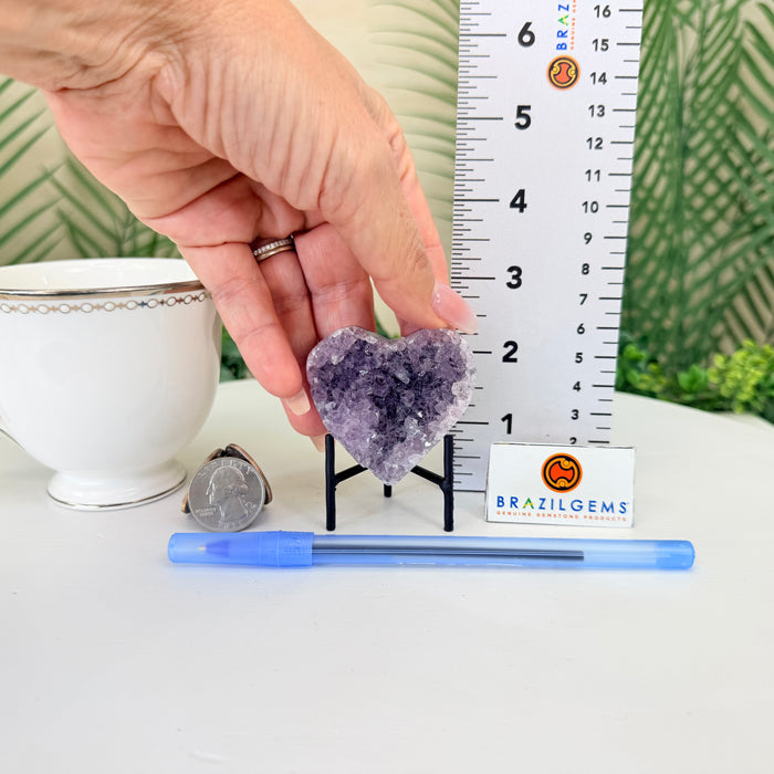 Small Amethyst Geode Heart, Metal Stand, 0.2 lbs & 2.7” Tall #5463-0445
