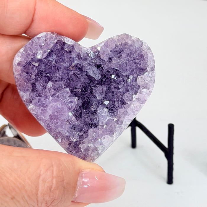 Small Amethyst Geode Heart, Metal Stand, 0.2 lbs & 2.7” Tall #5463-0445