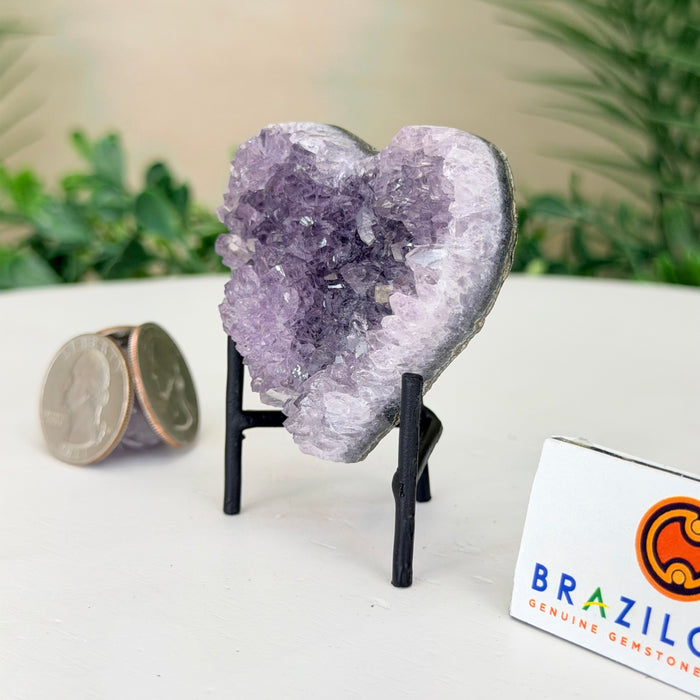 Small Amethyst Geode Heart, Metal Stand, 0.2 lbs & 2.7” Tall #5463-0445
