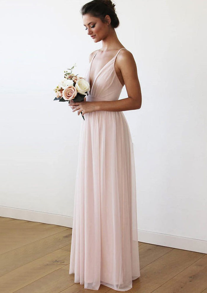 Spaghetti Strap V Neck Sleeveless Long Chiffon Evening Gown