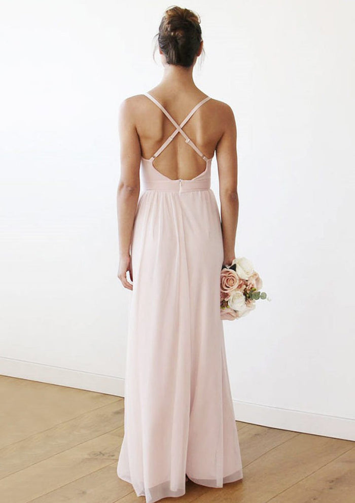 Spaghetti Strap V Neck Sleeveless Long Chiffon Evening Gown