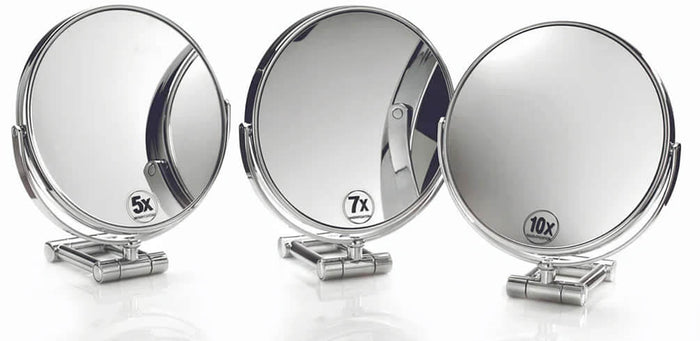 Select your magnification - 5x, 7x, or 10x.  Each flips over  to 1x..  Each is shipped with an elegant velour travel pouch.