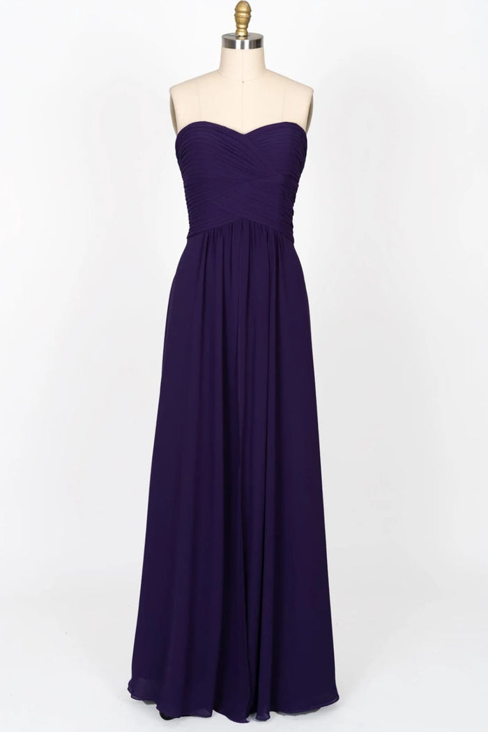 Strapless Sweetheart Criss Cross Long Chiffon Purple