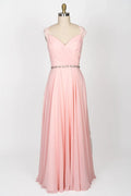 Sweetheart Lace Long Pink Chiffon Bridesmaid Dress Beaded