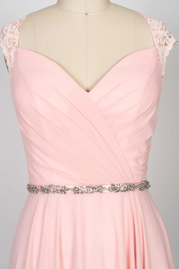 Sweetheart Lace Long Pink Chiffon Bridesmaid Dress Beaded