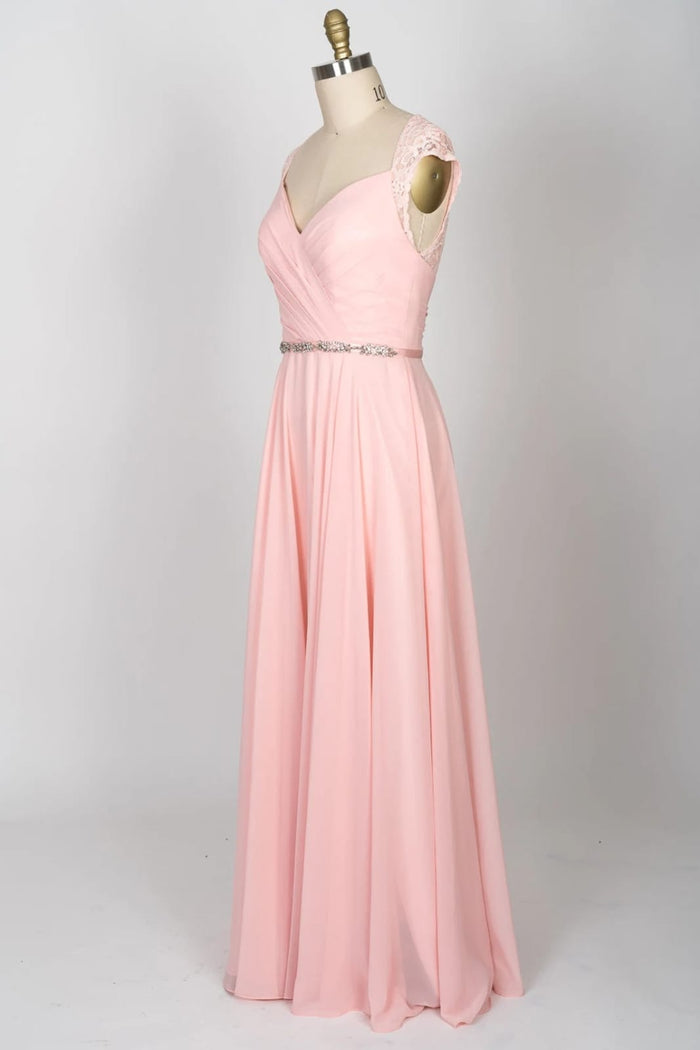 Sweetheart Lace Long Pink Chiffon Bridesmaid Dress Beaded