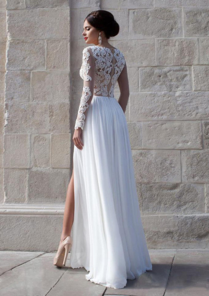 Sweetheart Long Sheer Sleeve Chiffon Split Wedding Dress