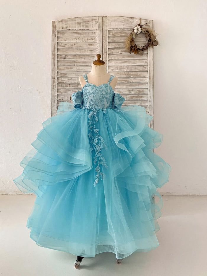 Blue Lace Tulle Off Shoulder Beaded Straps Wedding Flower