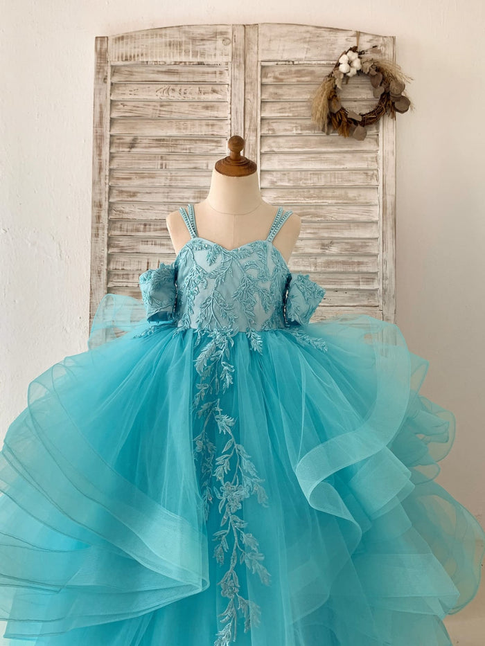 Blue Lace Tulle Off Shoulder Beaded Straps Wedding Flower