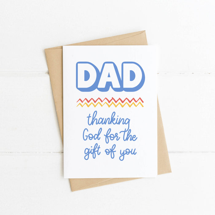 Brightly coloured Christian Father's Day card with words of appreciation and hand lettering