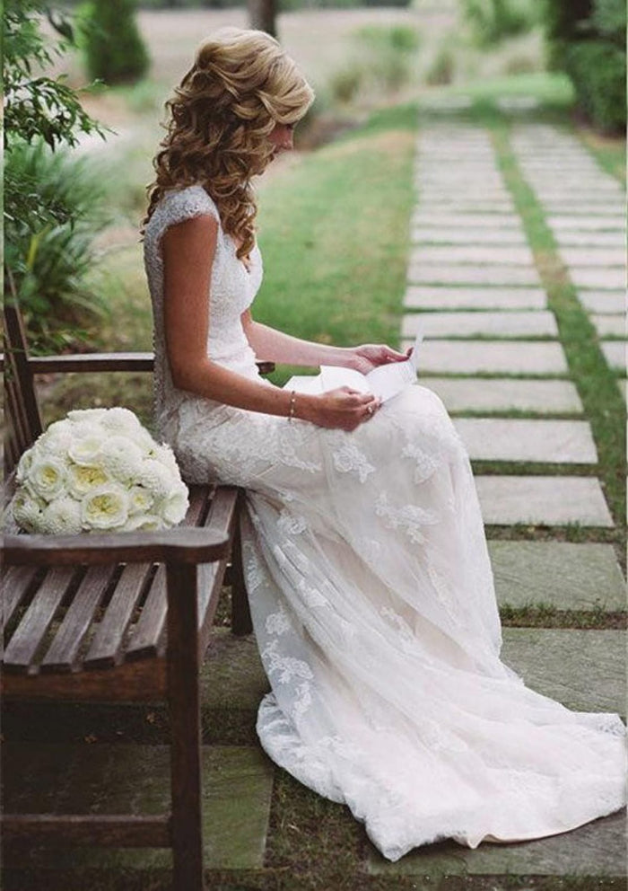 Trumpet Cap Sleeve Keyhole Buttons Court Lace Bridal Wedding