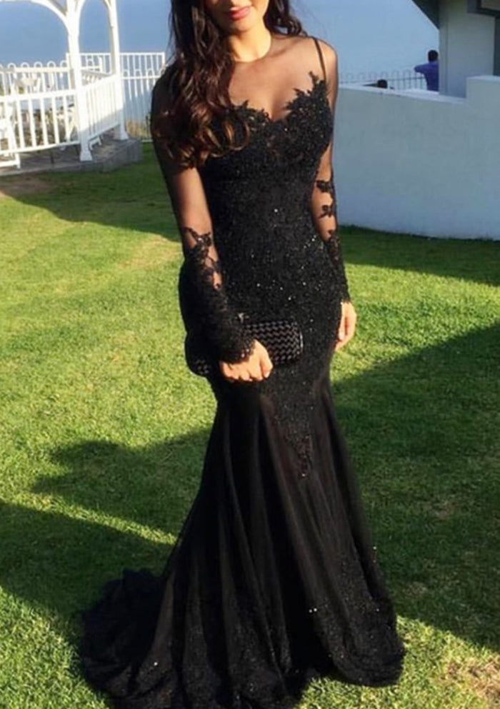 Trumpet Illusion Full Sleeve Sweep Lace Tulle Black Evening