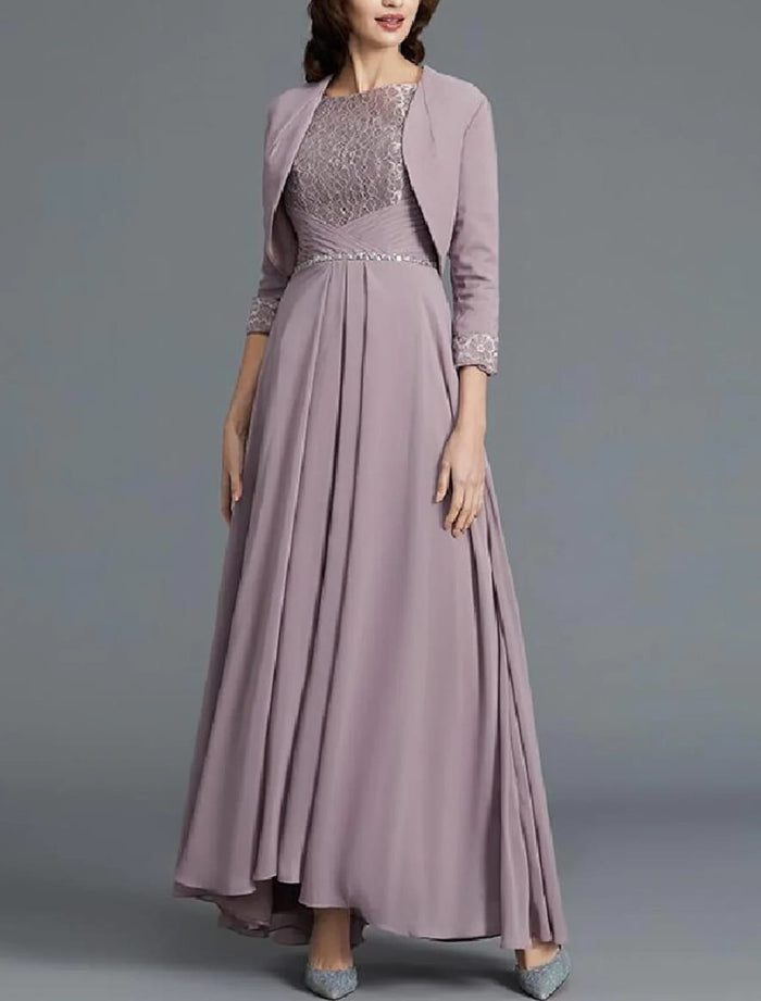 Two Piece A-Line Bateau Neck Lace Chiffon Floor Length