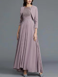 Two Piece A-Line Bateau Neck Lace Chiffon Floor Length
