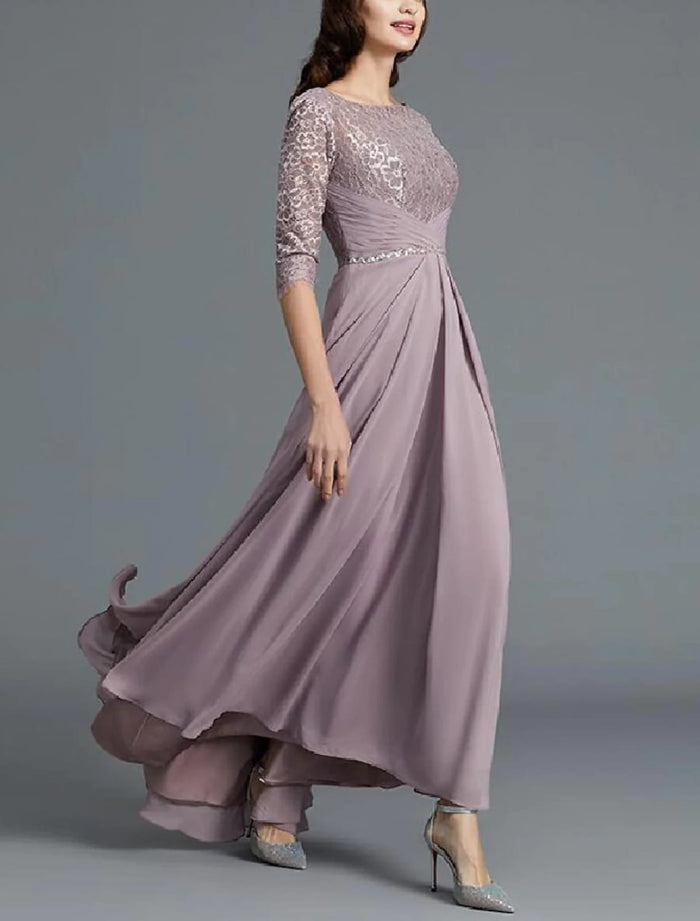 Two Piece A-Line Bateau Neck Lace Chiffon Floor Length