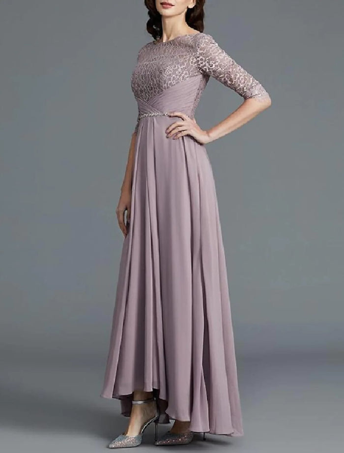 Two Piece A-Line Bateau Neck Lace Chiffon Floor Length