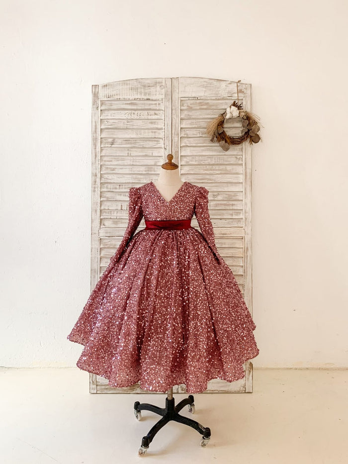 V Back Long Sleeves Burgundy Sequin Wedding Flower Girl
