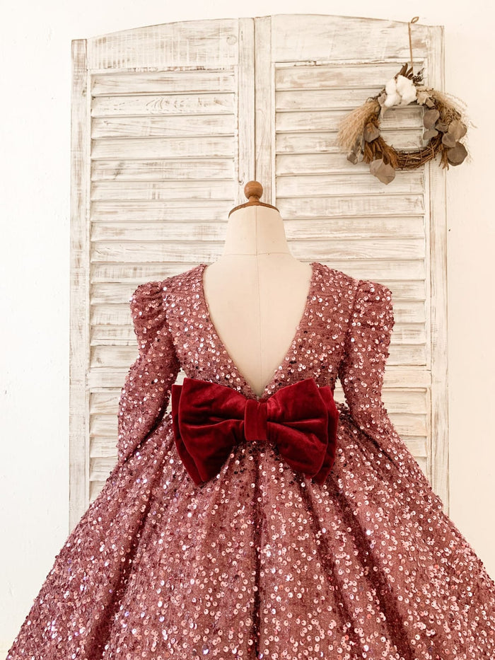 V Back Long Sleeves Burgundy Sequin Wedding Flower Girl